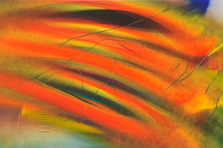 An action painting, where intense orange and lime green paint streaks back and forth across the canvas. Darker and hazier areas offer contrast in the background.