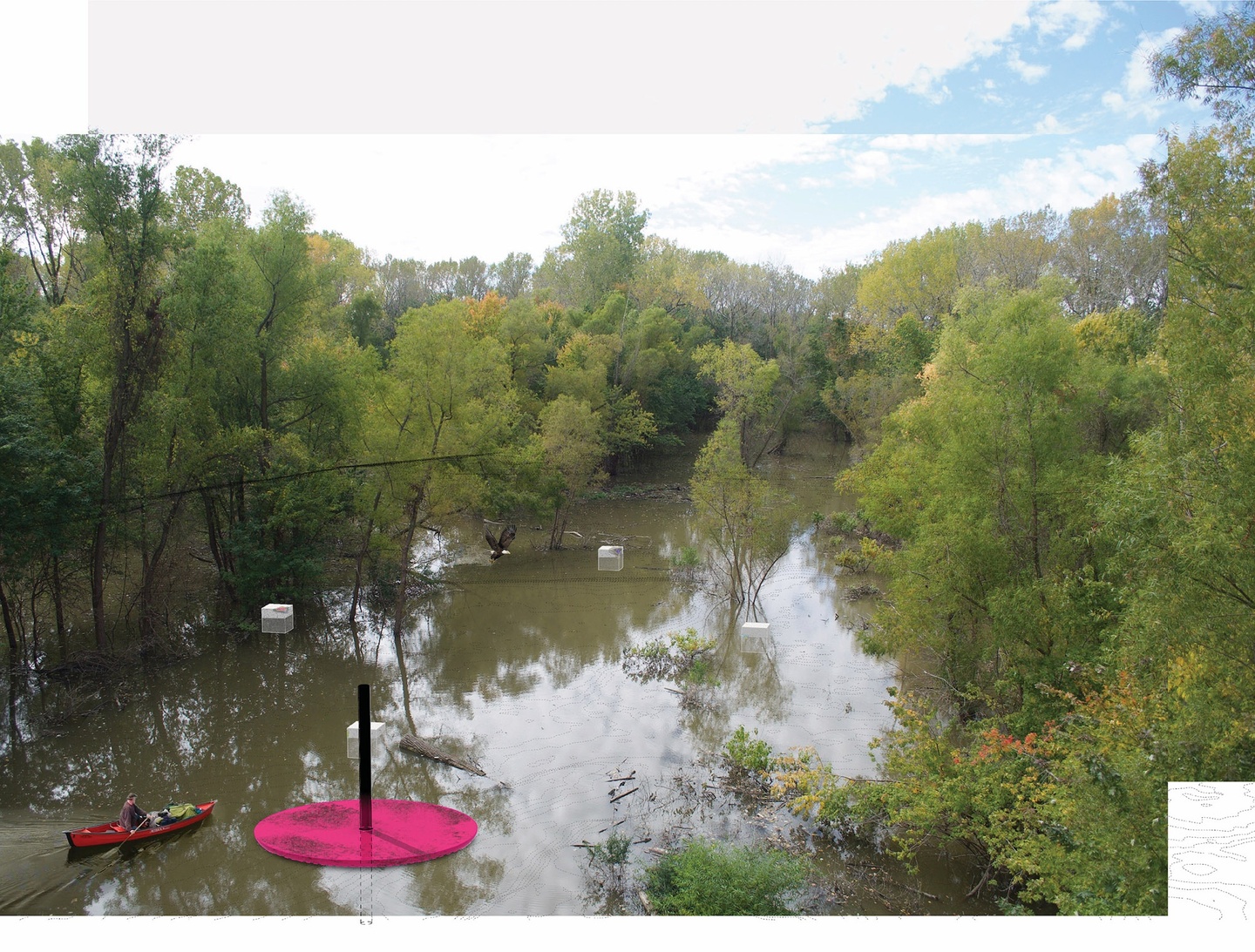 Photo of a man in a boat paddling through a body of water. A bright pink plate floats on the water with a black stick vertically in the middle