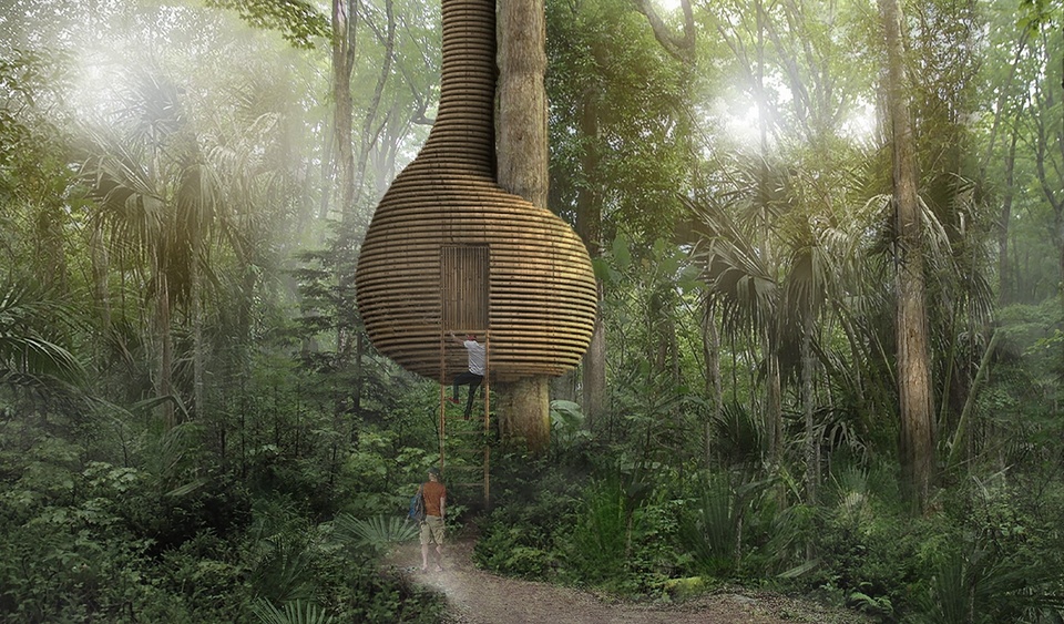 Rendering of a round "treehouse" structure in the woods, that appears to have a ribbed wooden exterior. An individual is showing climbing a ladder up to it.