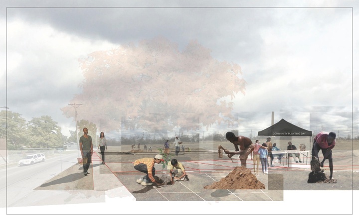 Rendering showing people interacting with each other. 