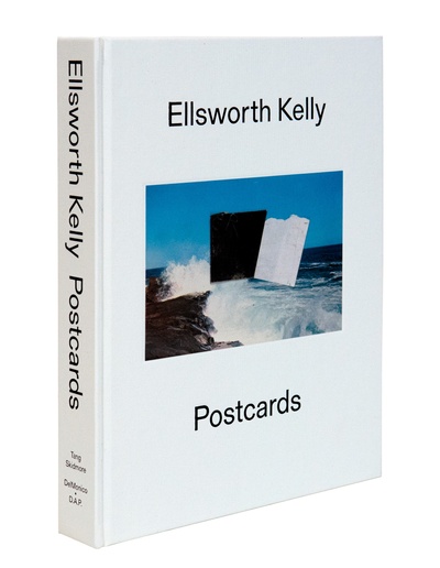 The front cover of Ellsworth Kelly: Postcards, featuring a postcard with roughly cut black and white squares of paper over a beach background.