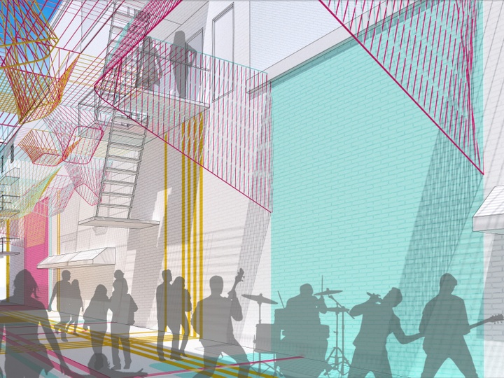 Axonometric rendering of a multi-colored art installation with basketlike-forms in an alleyway