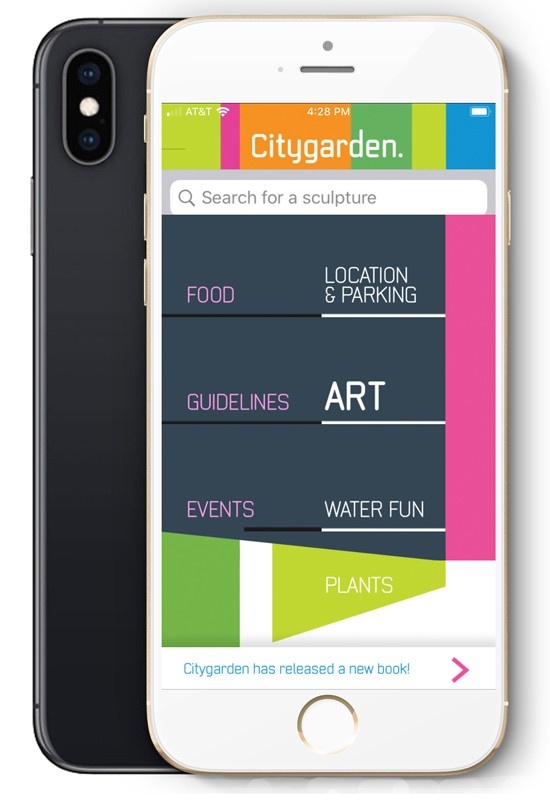 Cell phone featuring the CityGarden app, with bright vertical bars for the identity plus a gray and pink main screen with information