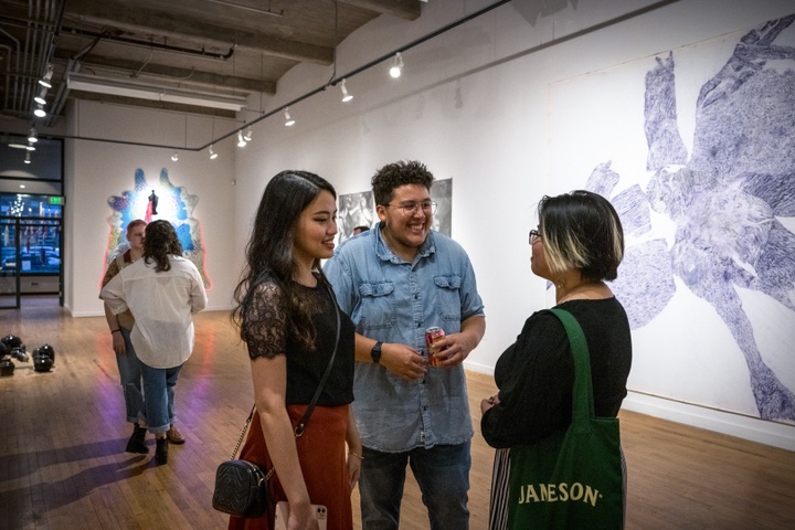 Sharlene Lee, Karen Yung and Joseph Canizales in conversation in the gallery