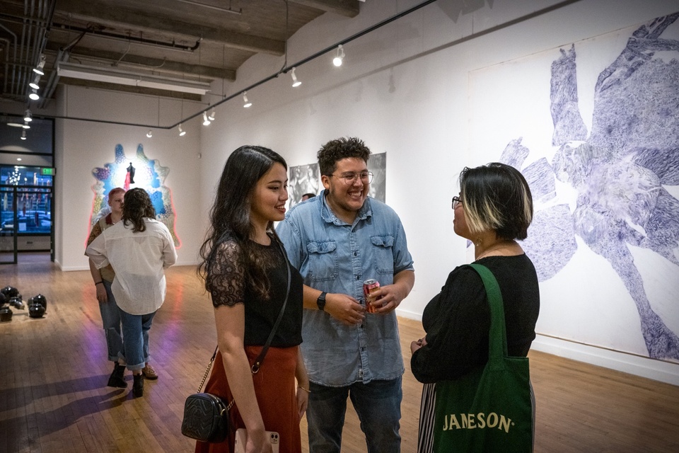 Sharlene Lee, Karen Yung and Joseph Canizales in conversation in the gallery