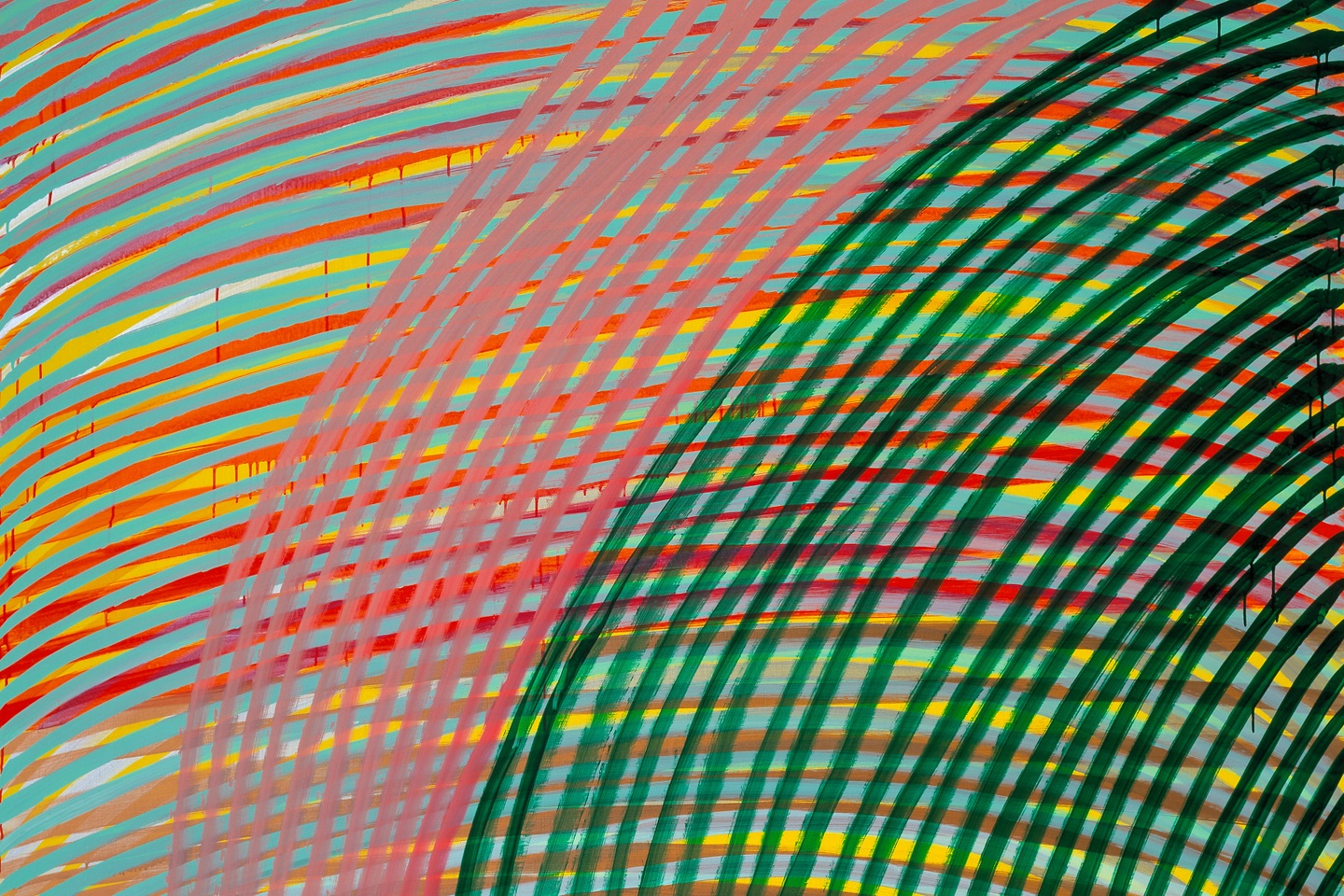An abstract painting consisting of flowing, overlapping lines in bright pink, red, yellow, light blue, and green