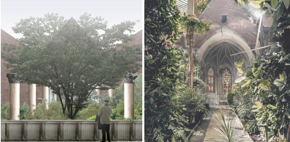 Two drawings showing gardens and plants inside a church. 