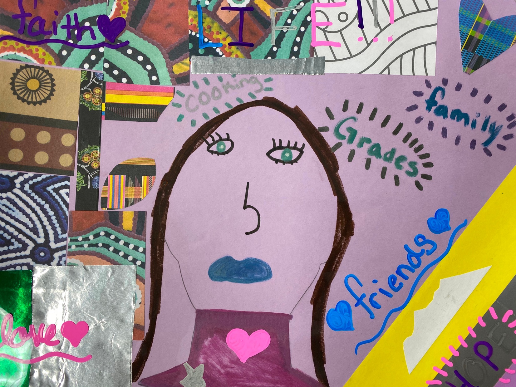 A collage with a self-portrait in the center and words and abstract shapes around the figure.