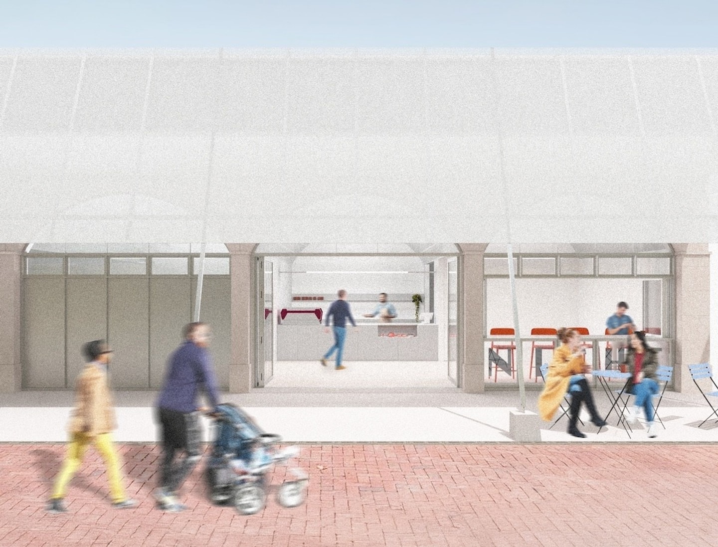 rendering of people moving about the outside of a building