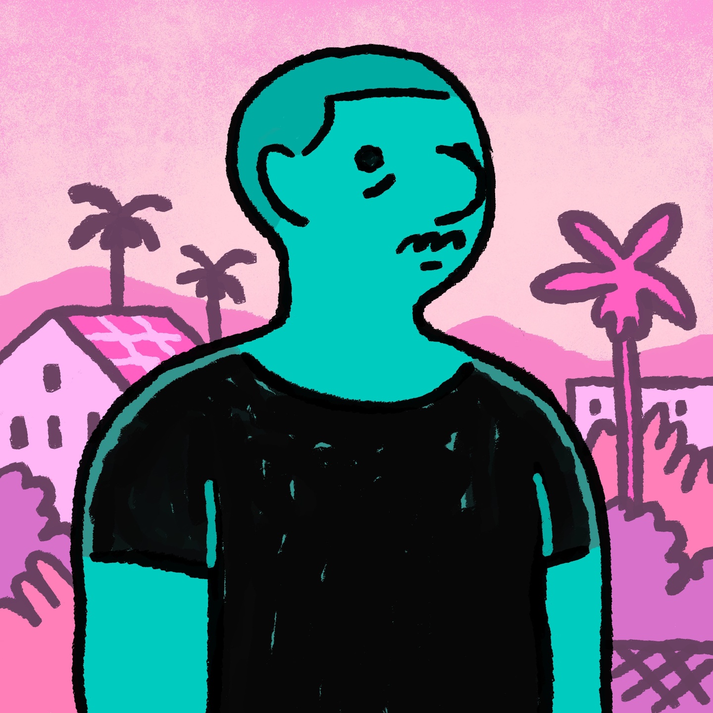 Illustrated portrait of a person with teal skin tones in a black shirt, with a pinkish-purple background of trees, houses, and sky.