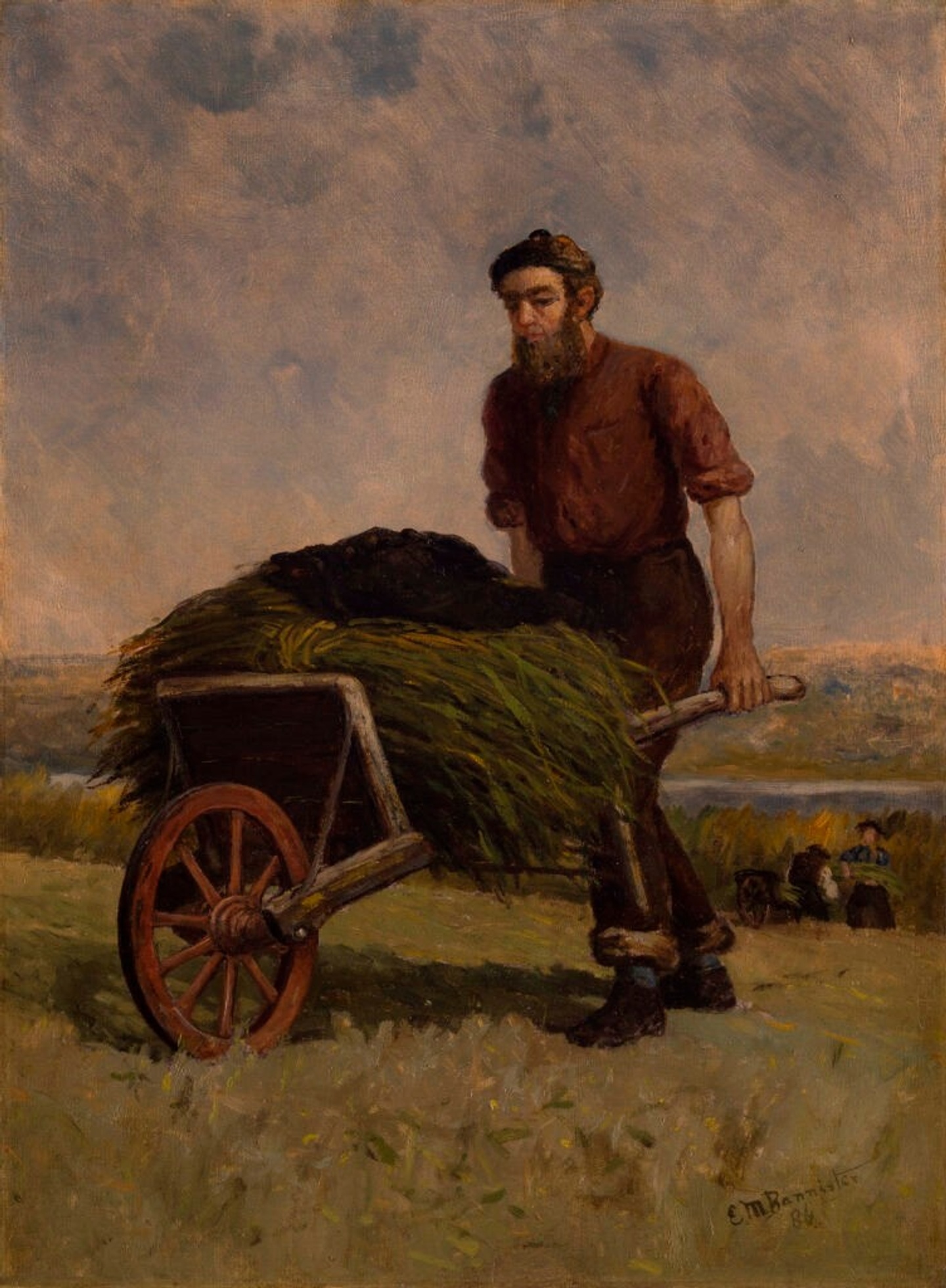 oil painting of man in a field pushing a wheelbarrow of hay 