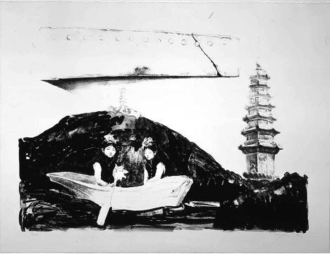 Image of a black and white landscape with two figures in a boat with a traditional Chinese building in the background