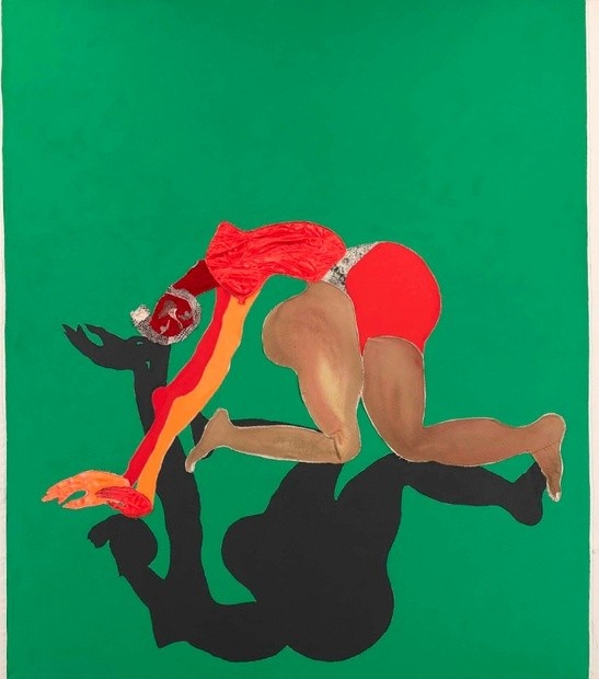On a green background, a collaged amorphous figure wears a red leotard and bends backwards, arms extending towards the ground. Her shadow is cast beneath her.