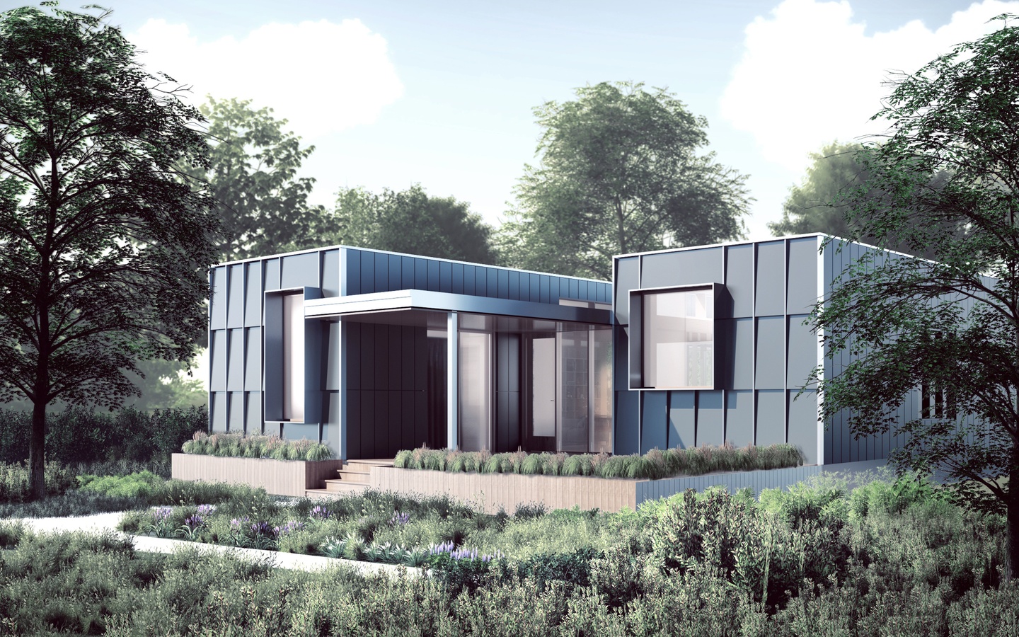 Rendering of the exterior facade of a modular home, with two rectangular wings with rectangular panels framing the entrance. Lush landscaping is in front of the home, with trees to the sides.