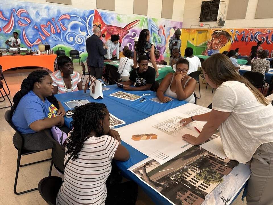 A group of people gathered around a table looking at plans