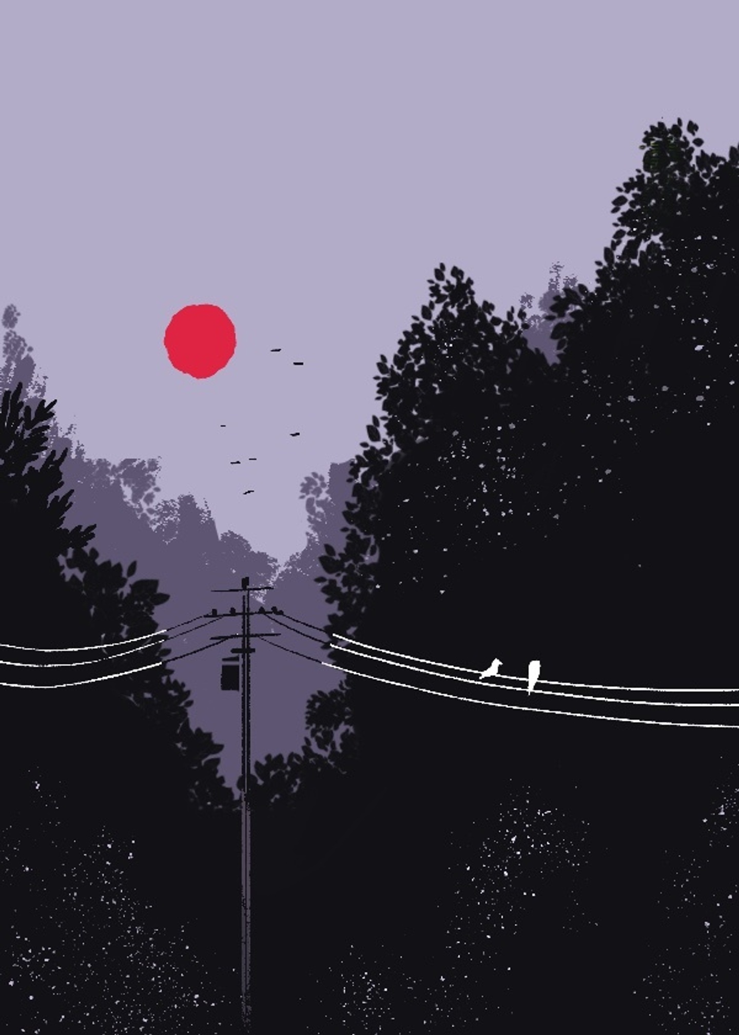 A purply monochromatic illustration of a telephone pole with communication lines. Two birds sit on the cable and a dark orange sun in the distant background