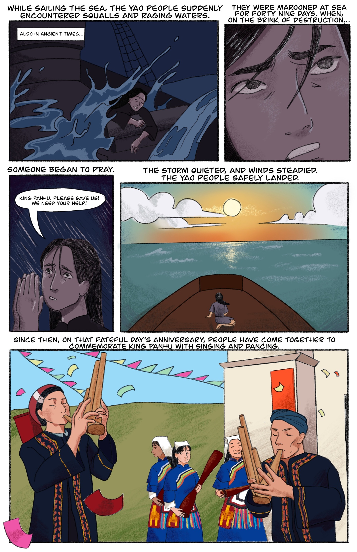 A comic page explaining how the Yao, stuck at sea in a storm, prayed to Panhu and were saved. This explains their day of worship to Panhu.