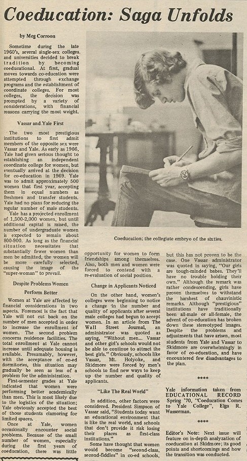 A yellowed Skidmore News article has the headline “Coeducation: The Saga Unfolds” with an image of a young, light-skinned man sitting down and writing, taken from the side.