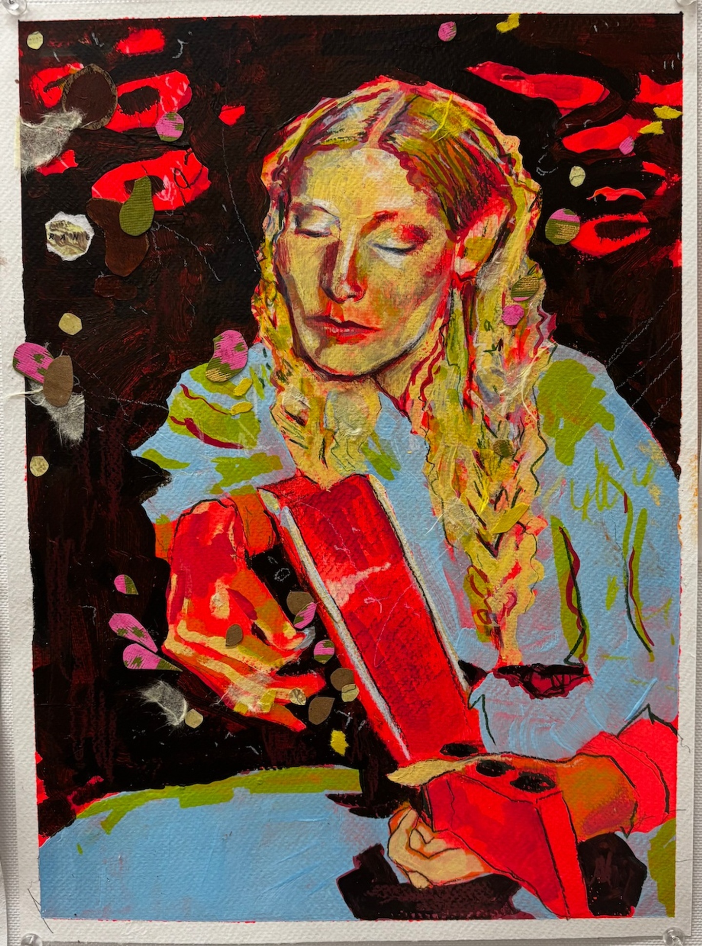 Mixed media piece of a girl playing guitar.