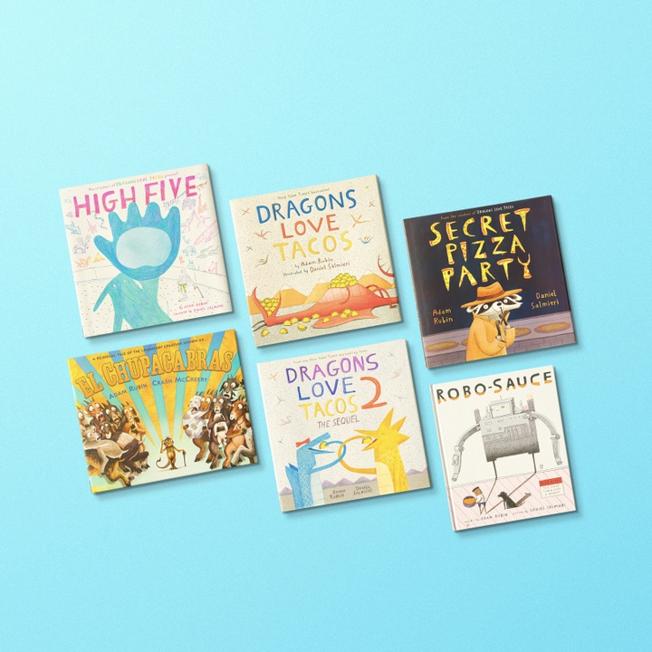 Six illustrated children's book covers are displayed against a bright blue background. The top row of three features "High Five," "Dragons Love Tacos," and "Secret Pizza Party." The bottom row features "El Chupacabras," "Dragons Love Tacos 2," and "Robosauce."