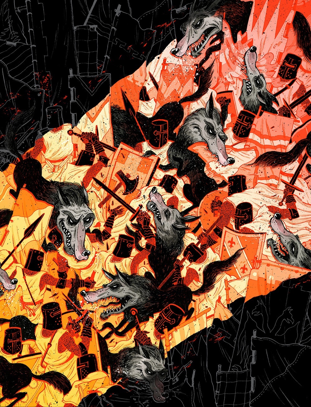 An illustration on a black background: in a band/strip of full color across a diagonal (from top right to bottom left), wolves jostle against knights, whose spears and axes are lost amongst a tide of flames — blood is splattered on the background.