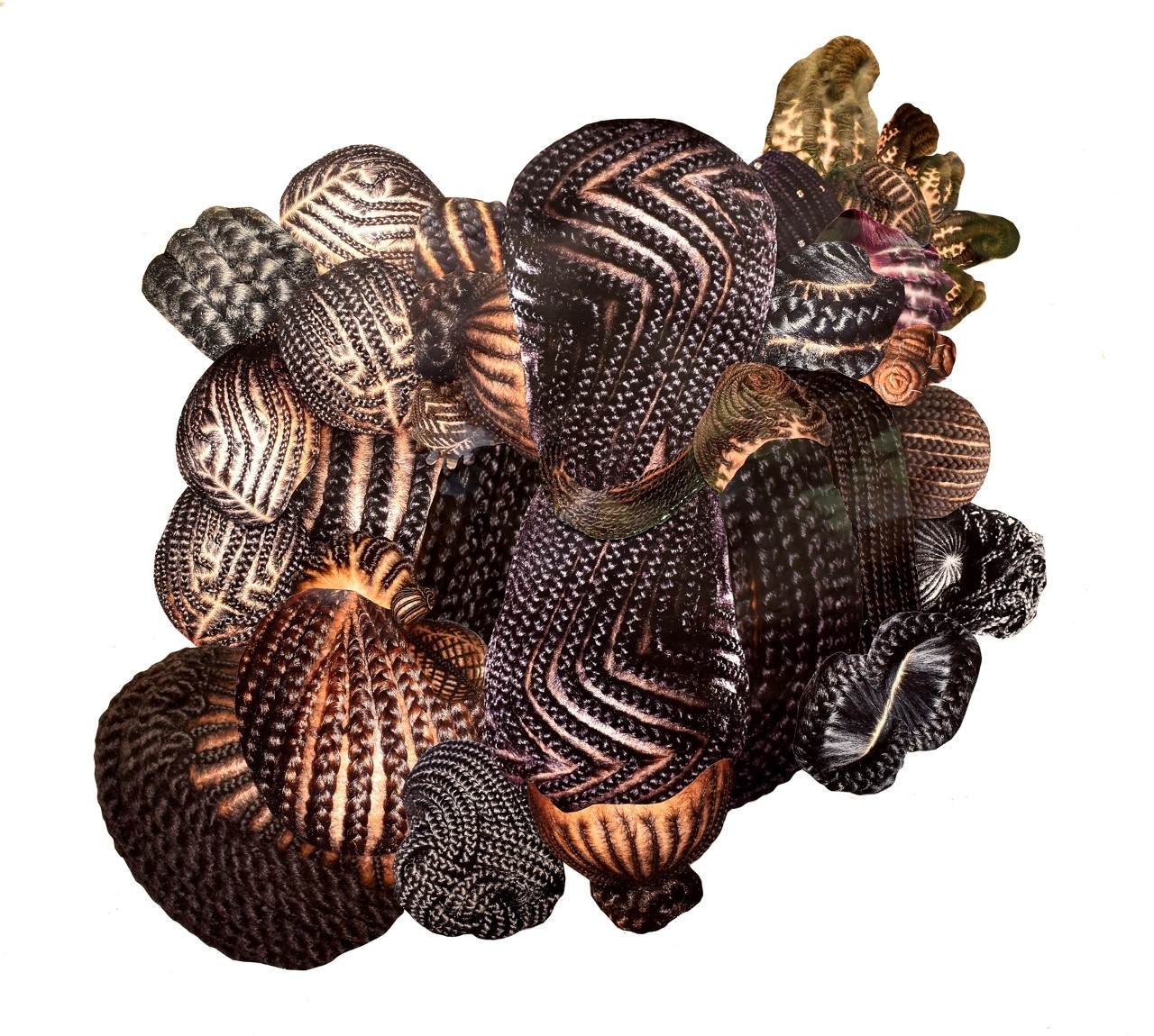 An abstract shape made-up of multiple images of braided, woven Black and Brown hair.