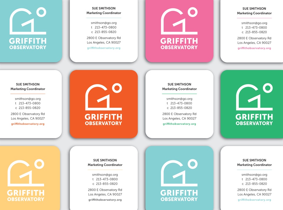 Business cards tiled front and back, fronts in variety of bright colors reads Griffith Observatory in white text with simple logo of building looking out to a circle. Back black text on white reads Sue Smithson, Marketing Coordinator, with email, phone numbers, address, and URL.