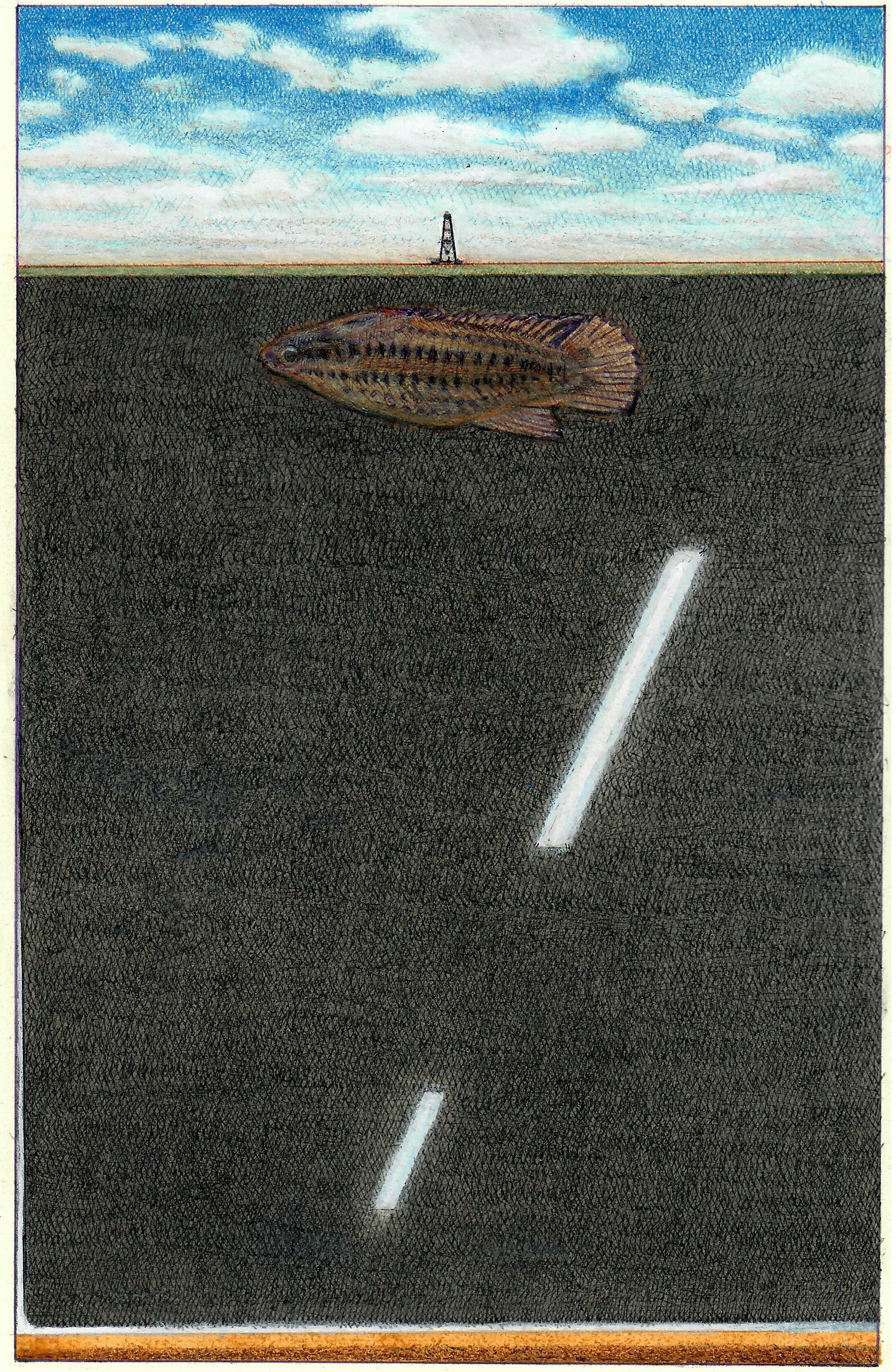 A cell tower in the distance, under a blue sky strewn with clouds; in the foreground, a fish (as if suspended) in air. The illustration is framed by a strip of (what appears to be) wood along the bottom edge.