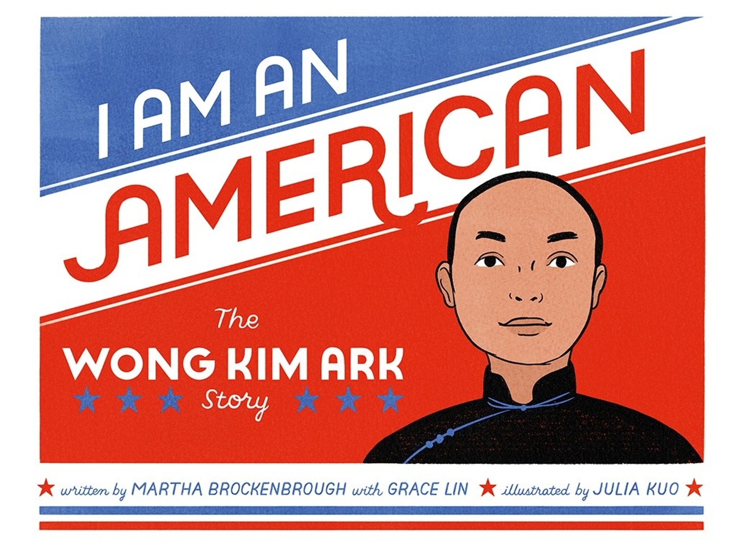 illustration of a person with red, white and blue in the background with the words "I am an American"