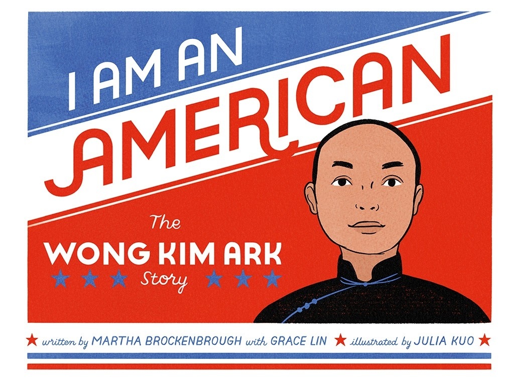 illustration of a person with red, white and blue in the background with the words "I am an American"