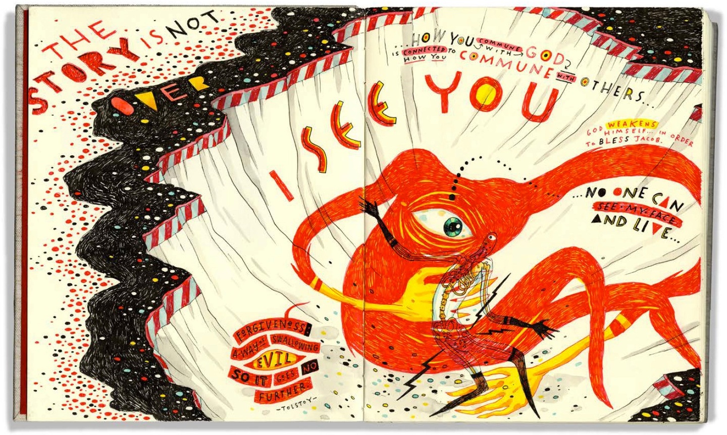 Illustration by John Hendrix. At the center, an amorphous, red creature with one giant eye and yellow hands, sitting in black-rimmed crater. Hand-drawn text in the upper left corner reads The story is not over. Hand-drawn text above the creature reads I See You. Other quotes from the Bible and other sources appear around the creature.