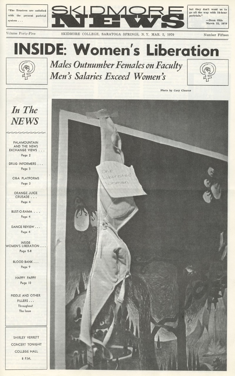 The front page of a Skidmore News issue features the headline “INSIDE: Women’s Liberation” with a large black and white image underneath of a bra hanging on the wall with a note attached.