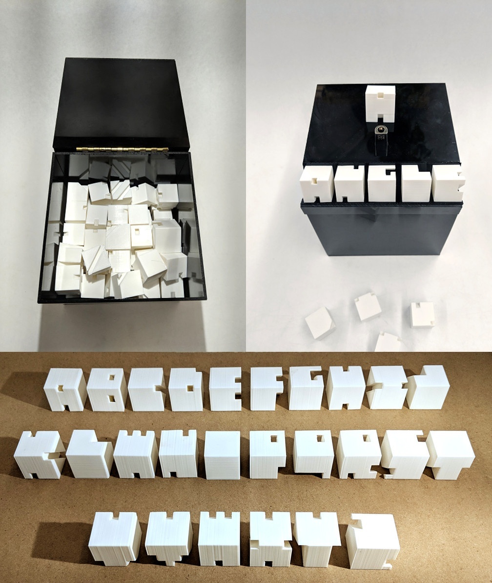 Three photos display a cubic typography set. Bottom image shows white cubic alphabet on brown background, top left shows white cubic alphabet in an open black case, top right shows the black case closed with white cubic letters spelling angle along the edge.
