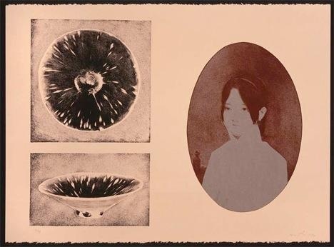 Image of an oval portrait of a young figure placed to the right of two images showing the top and side of a bowl