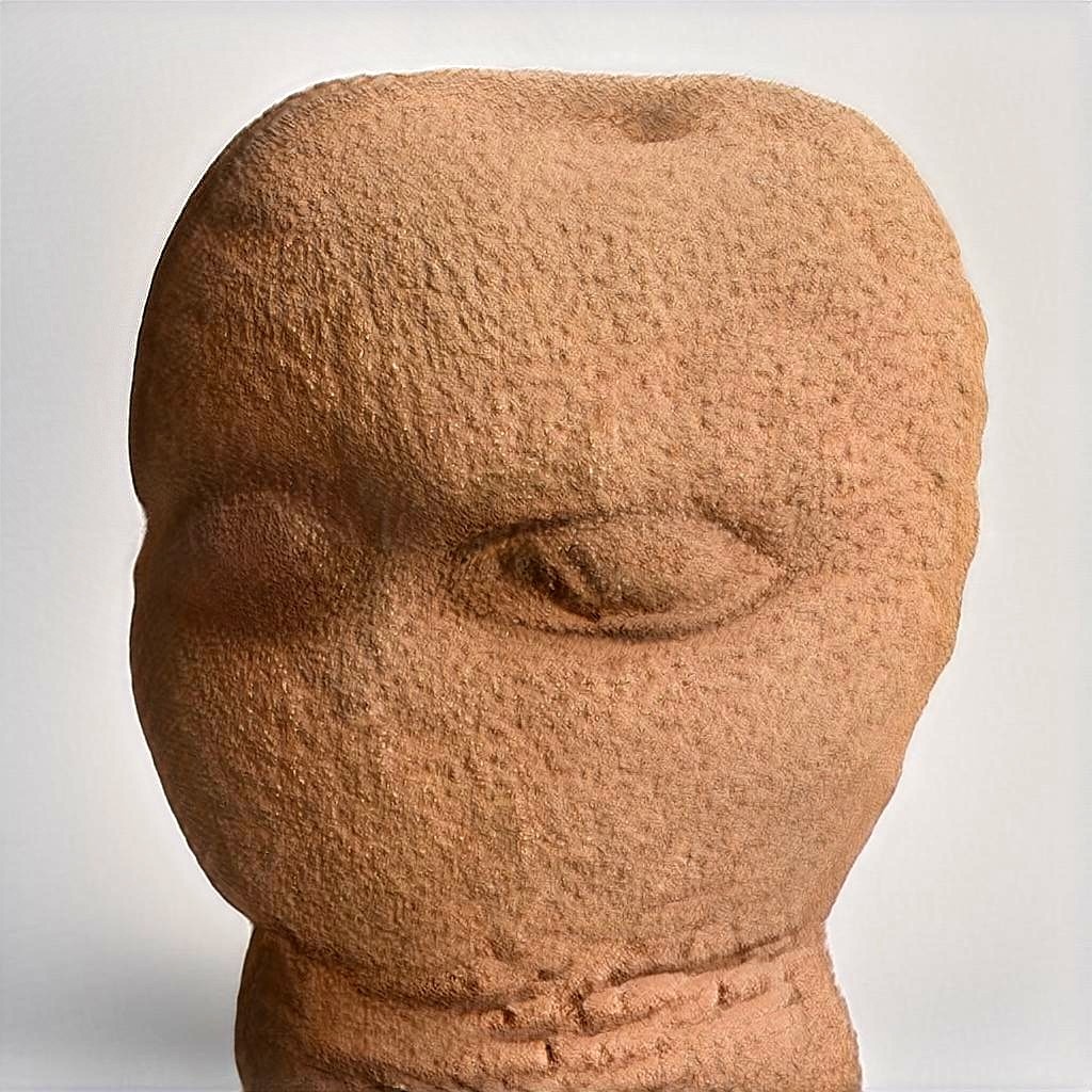 An AI-generated close up view of a weathered terracotta sculpture showing the faint remnants of eyes but no other features.