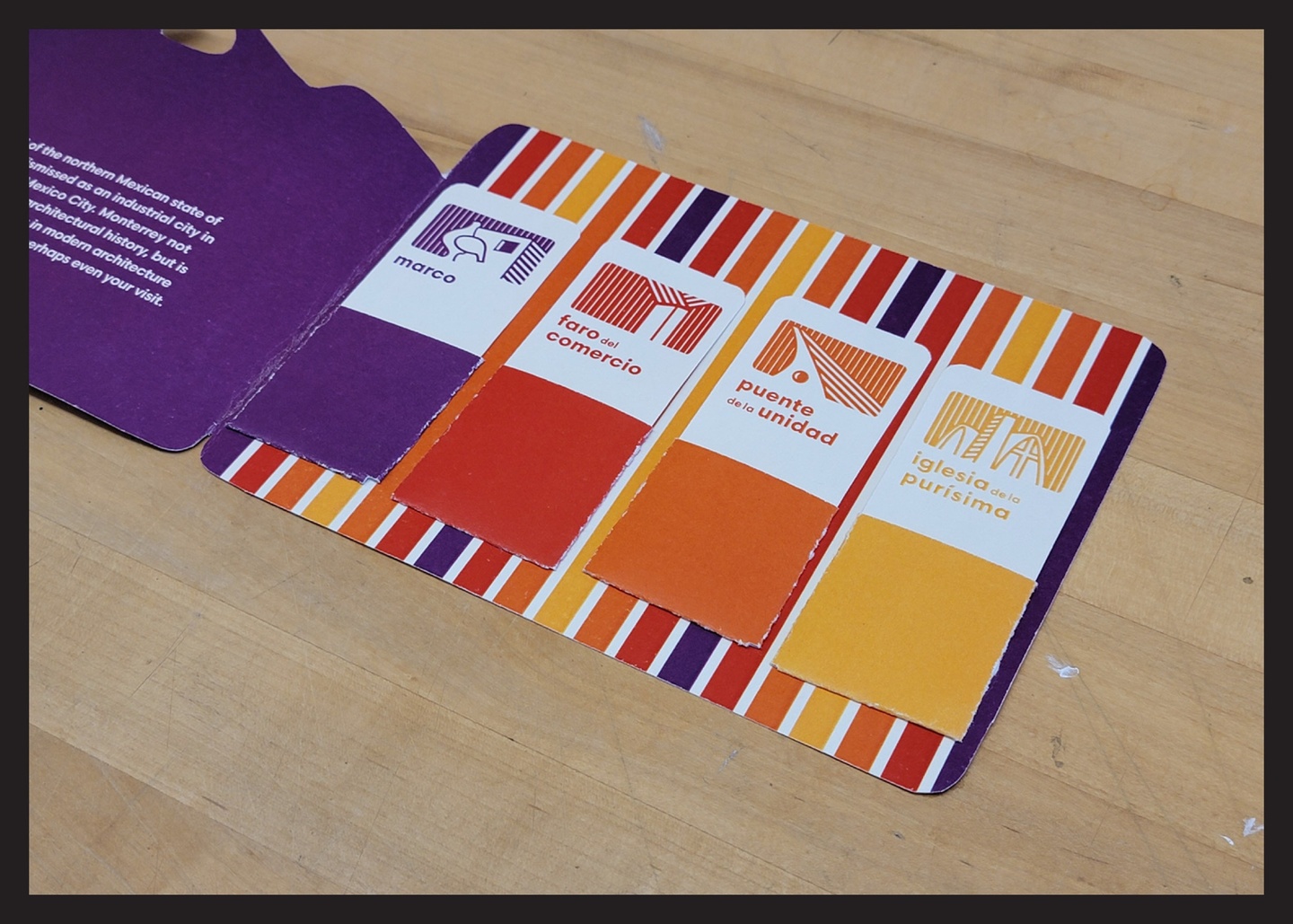 The inside of the booklet, with four different cards each explaining a different place.