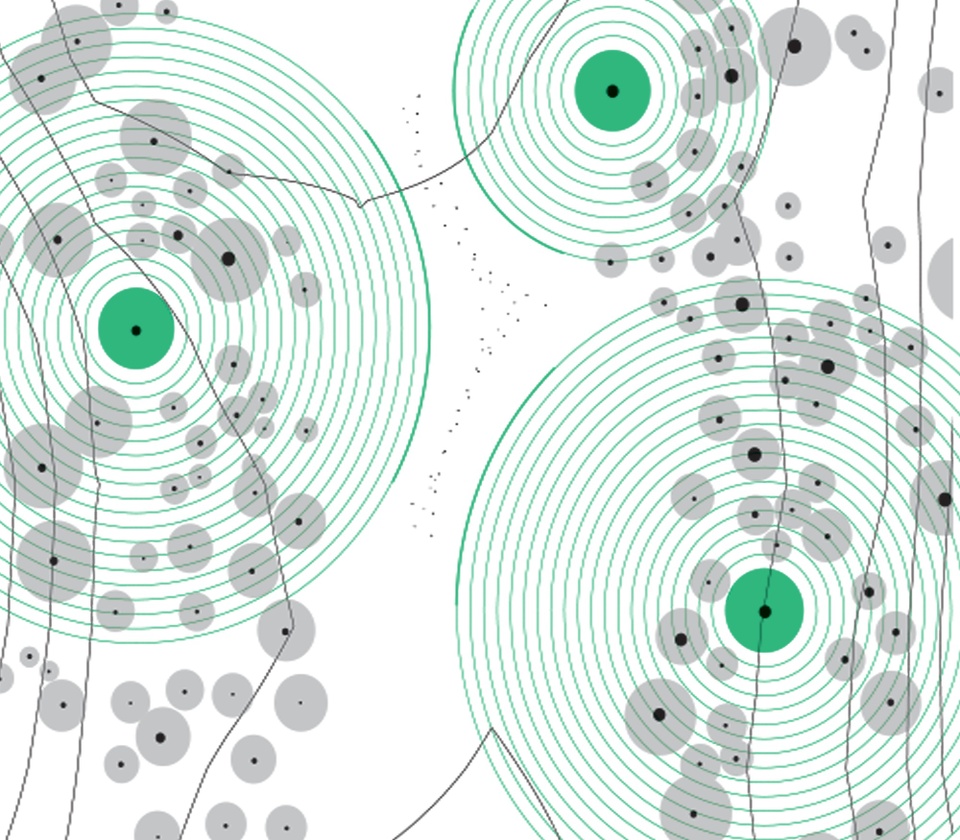 Computer site map diagram of topographic lines and three green concentric circles.