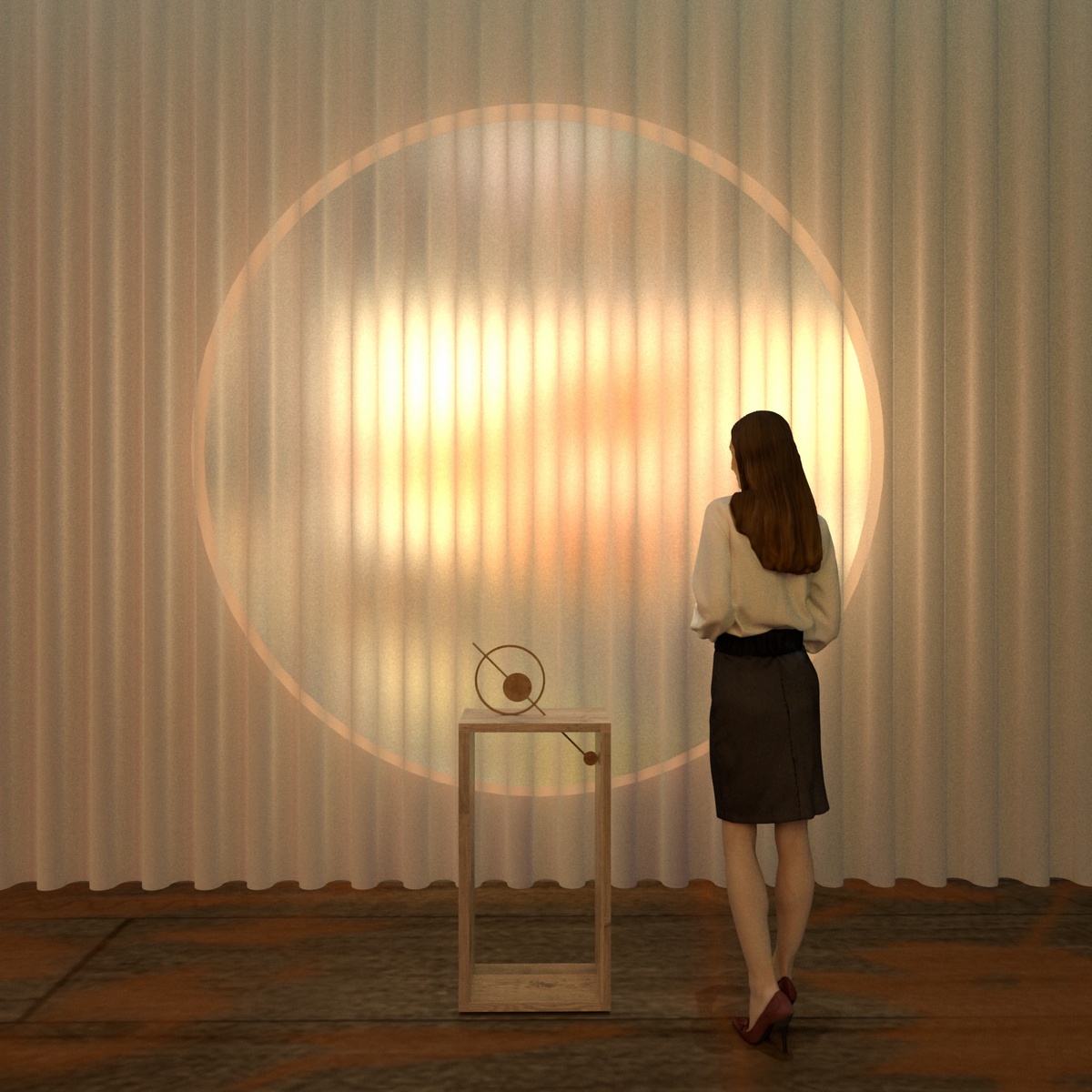 Render of woman standing in front of circular "window" with blurred animation behind