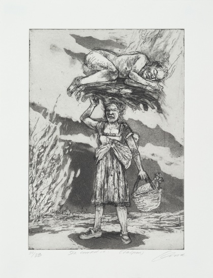 Diane Victor’s black and white print has a female figure holding a basket with a dog inside on one hand and her other hand supports another figure she carries on her head.