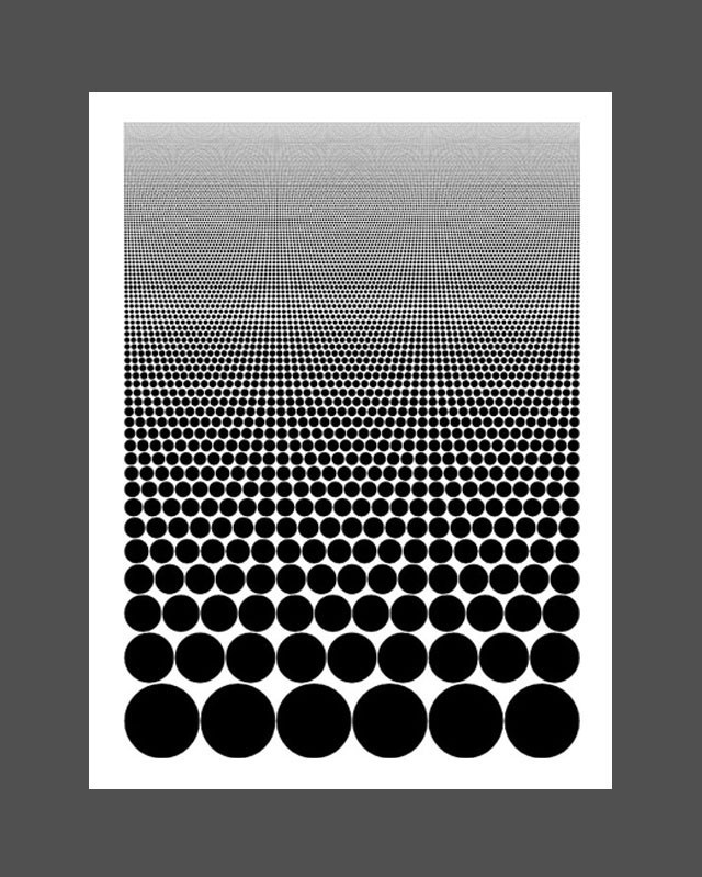 Moodboard image of graphic arrangement of black circles on white background, diving into smaller and smaller rows