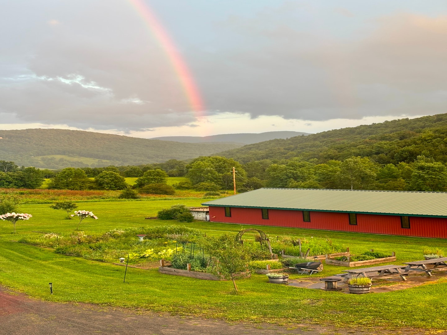 a rainbow over a farm