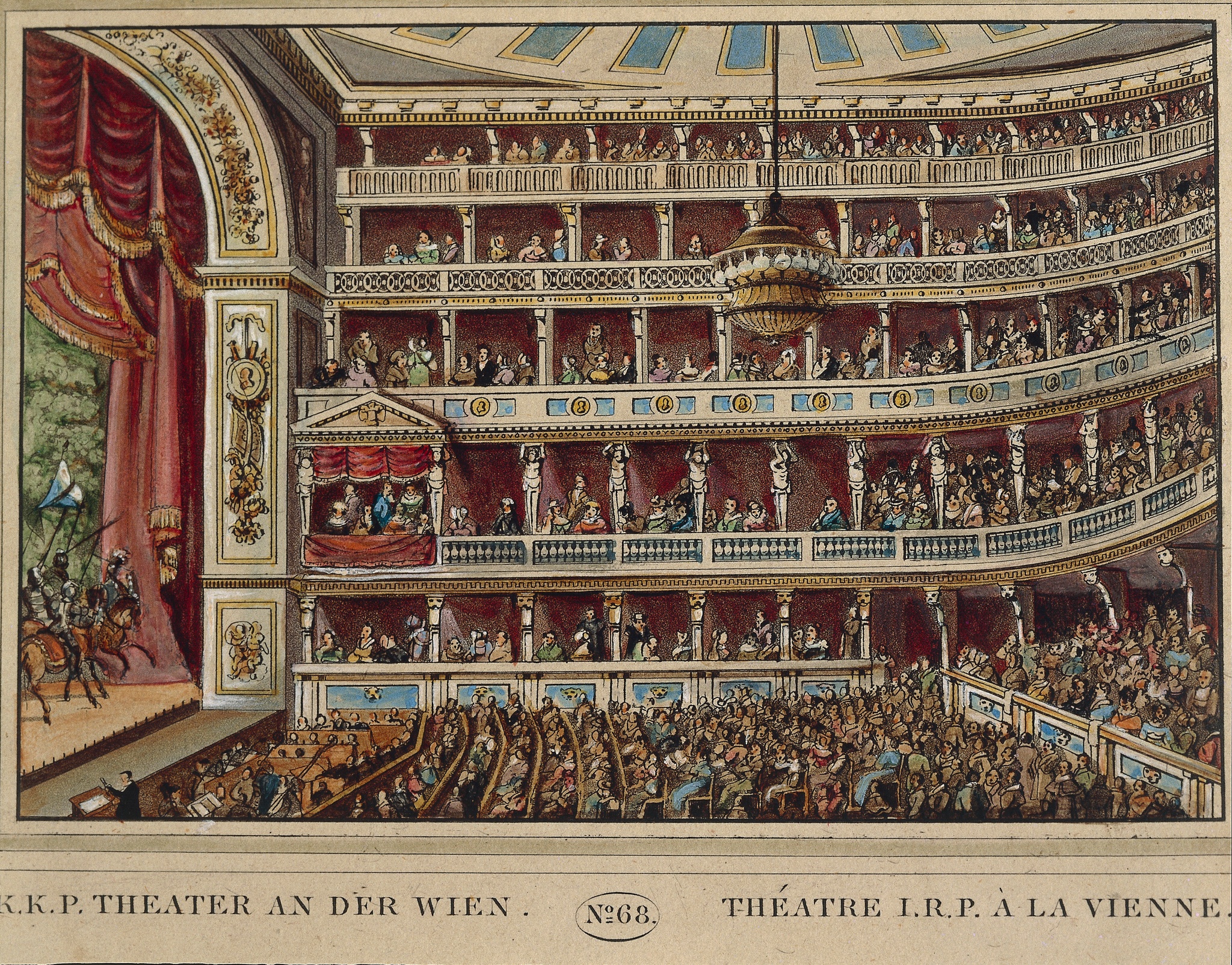 A cross-section illustration of an opera house depicting the stage and audience seated in different levels