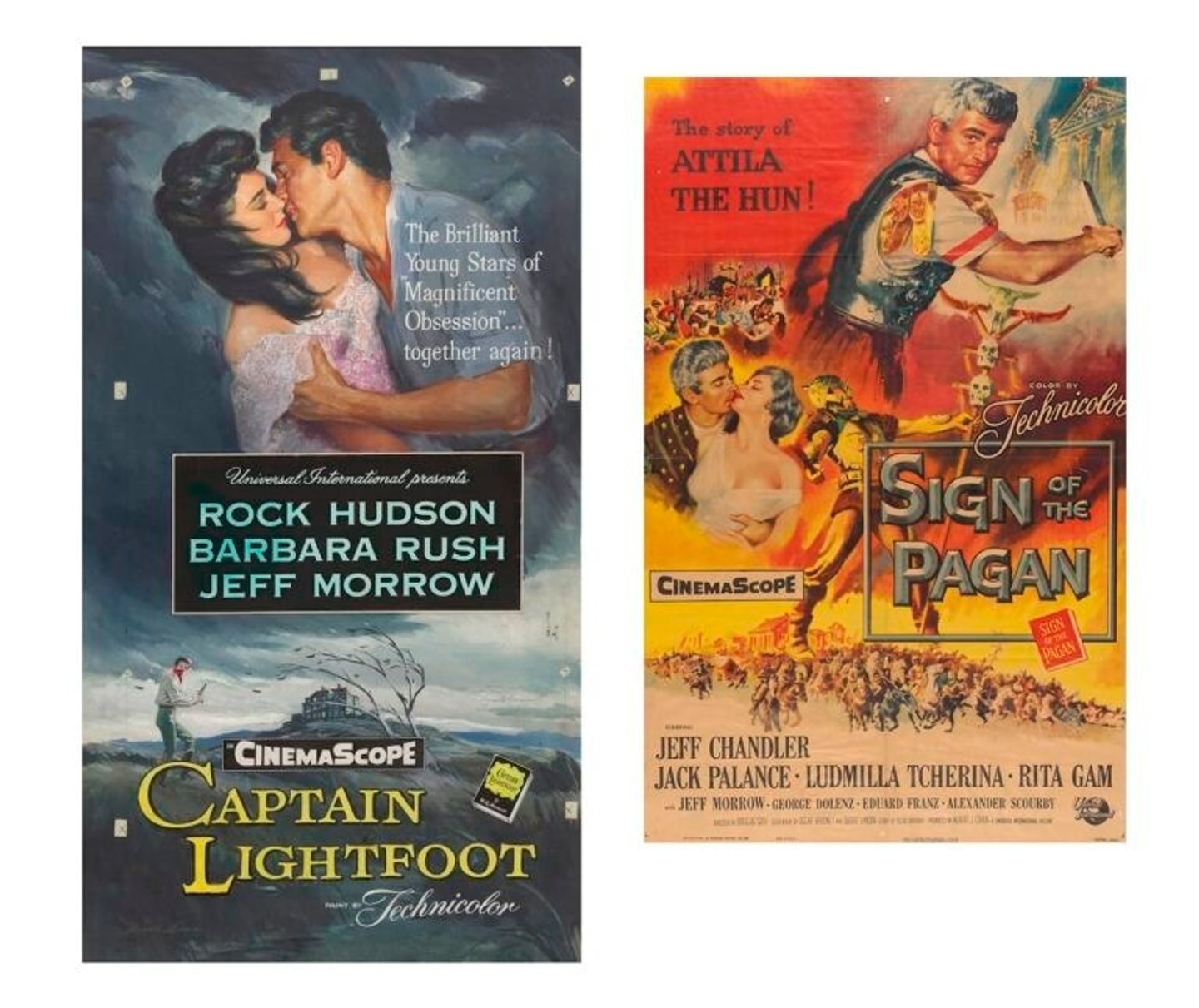 L: painting for a movie poster of a man and woman kissing. R: movie poster montage of a man with a knife, a couple kissing, a man in armor on top of a fiery orange and yellow background 