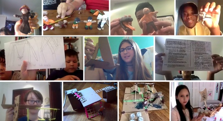 Collage of images from computer screens showing Alberti participants with their clay figures, postcards, and cardboard and stick models. Image 2: A screenshot of a Zoom room during the review and celebration. A mixture of 16 adults and youth are pictured, including one youth with a stick model with tape in the foreground of the image.
