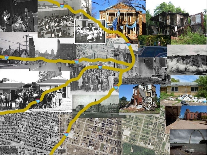 Collage of pictures of maps, historical images of St. Louis buildings and people, and other St. Louis events. On top of the collage are the highways that run through the city of St. Louis in yellow.