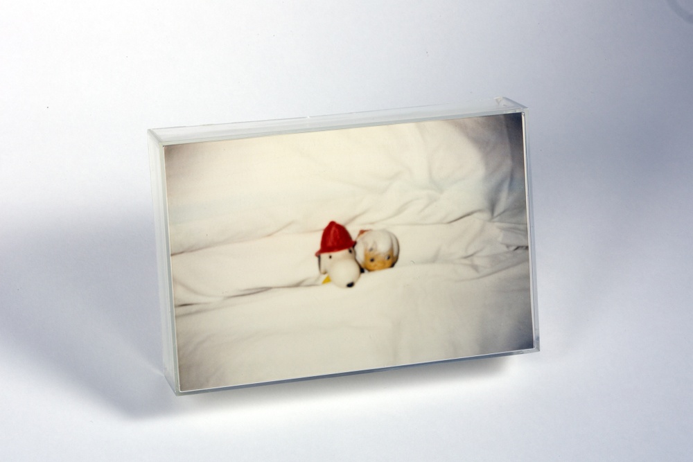 Mounted in a Plexiglass box is a photo of two plastic toys tucked into a white bed.