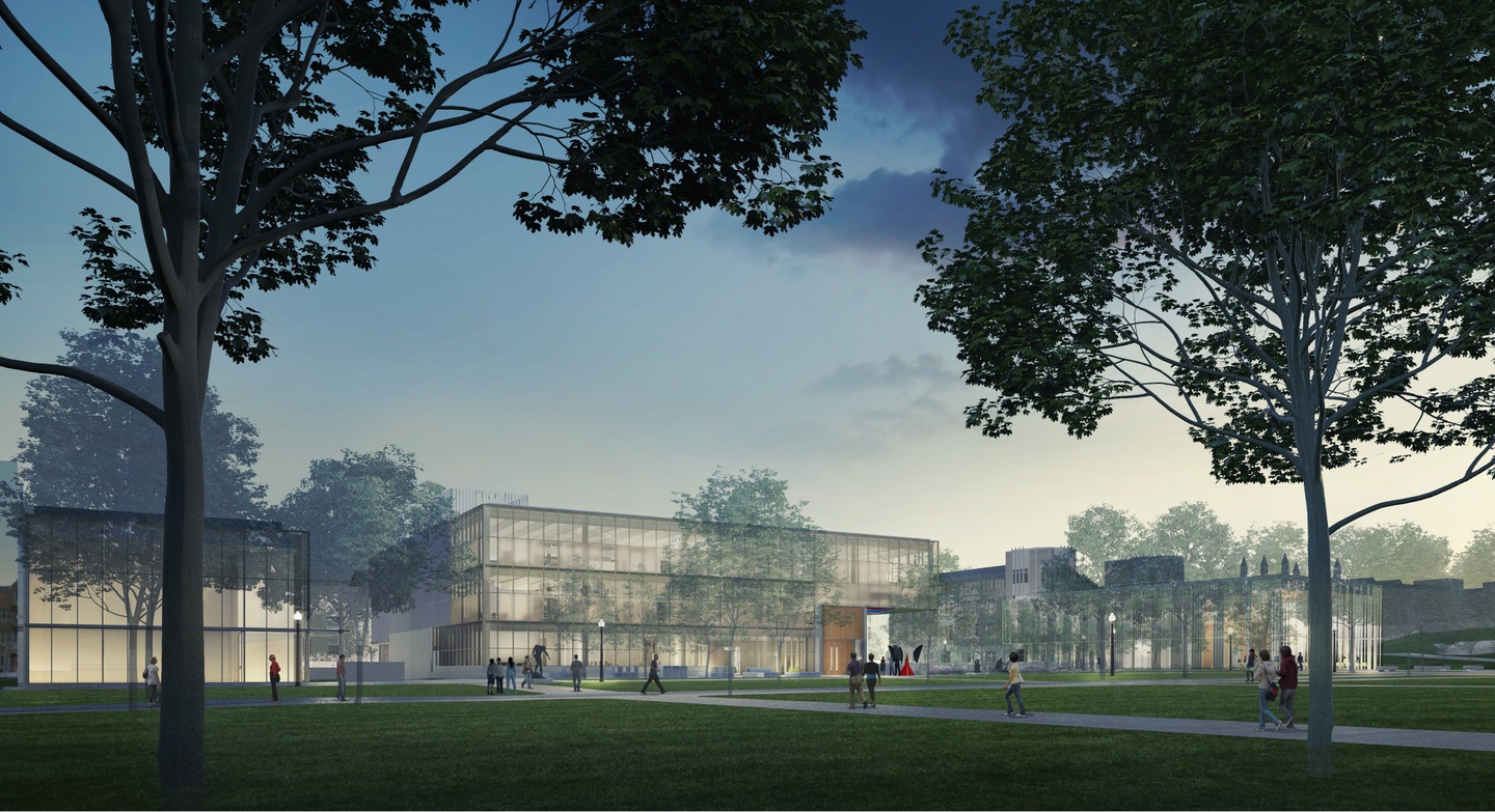 Rendering of a few contemporary buildings, lit up at dusk, with trees in the foreground.