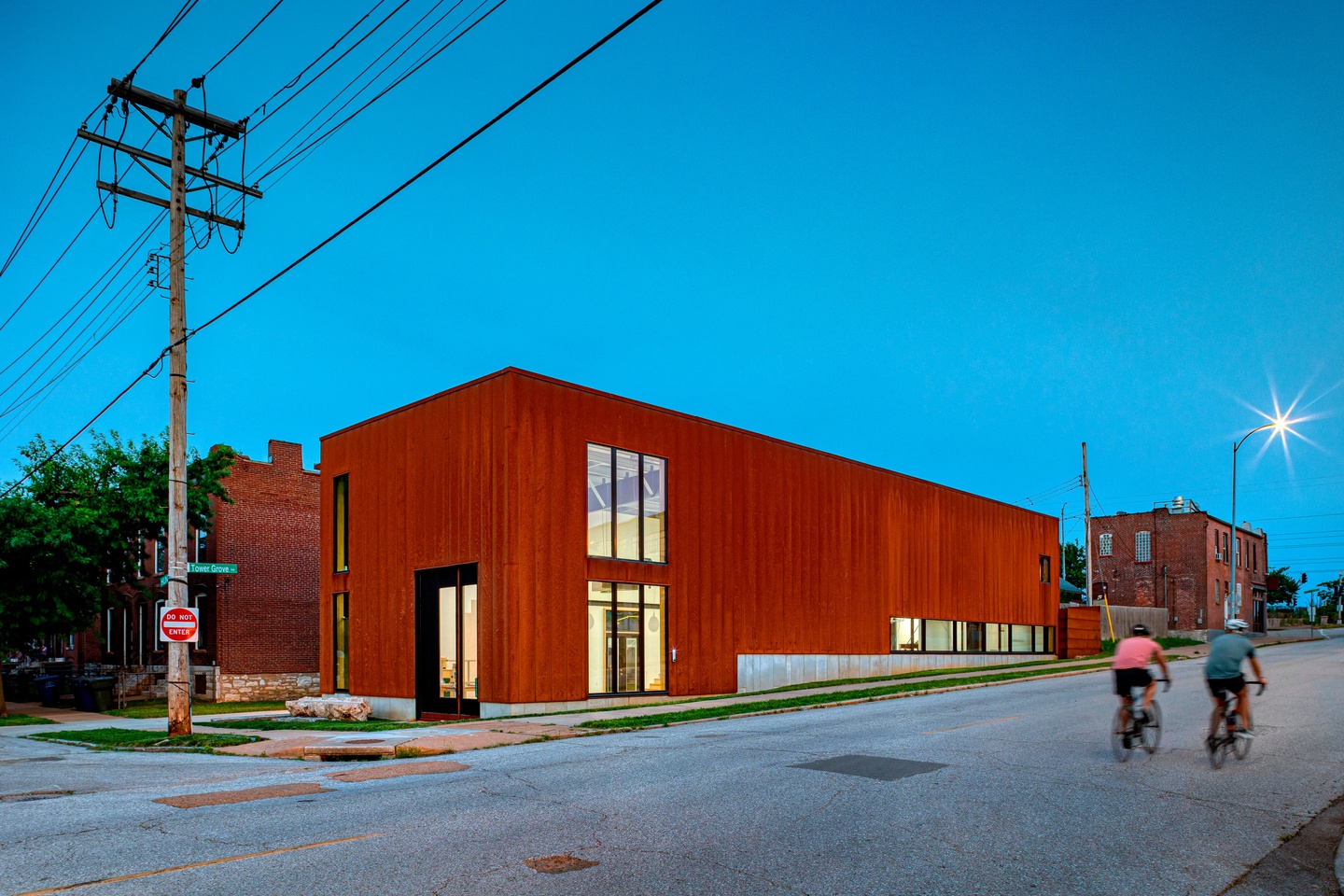 Photo of a modular, two-story building on a residential street in St. Louis