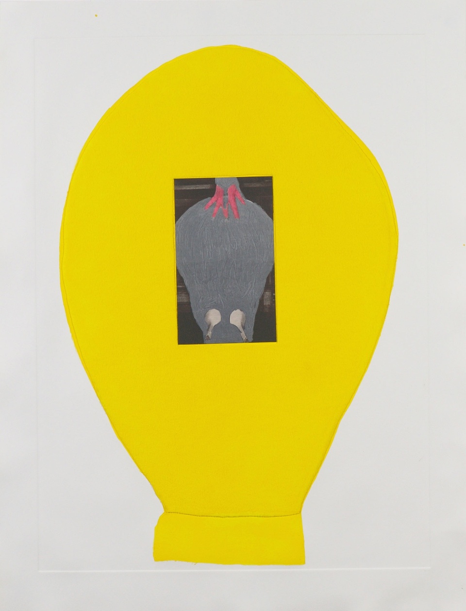 Image of kneeling figure in high heels obscured by gray and surrounded by a yellow thumb-shaped frame on a white background