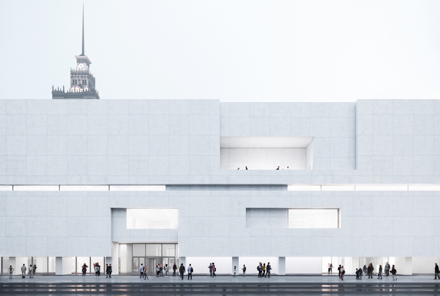Rendering of a four-story, white concrete facade of a museum building with a glass entrance.